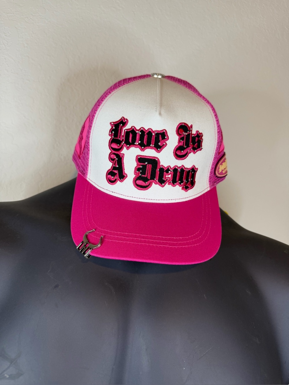 Watson Studio Love Is A Drug  Hat Pink White Rhinestone Heart Snapback NWT